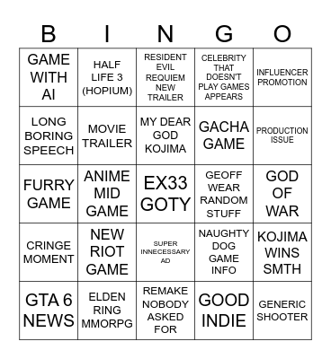 THE GAME AWARDS Bingo Card