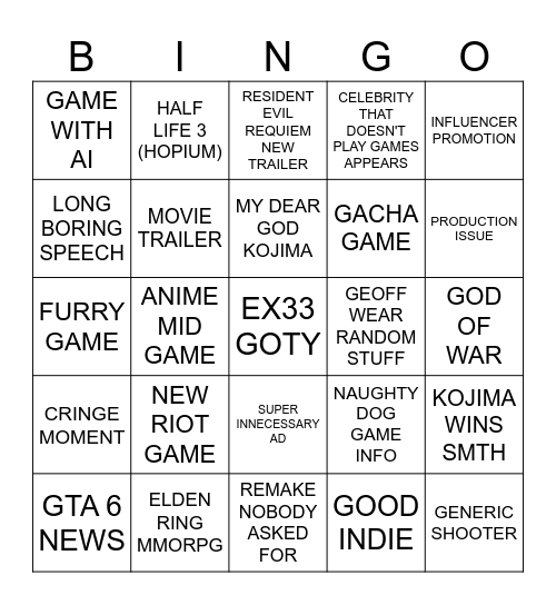 THE GAME AWARDS Bingo Card