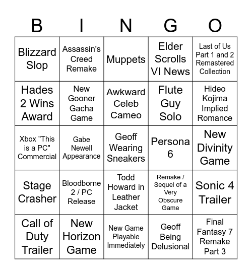 Game Awards 2025 Bingo Card