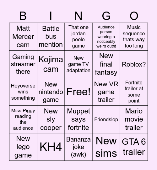 Game Awards Bingo Card