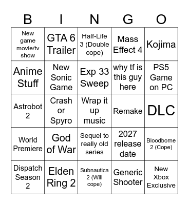 Game Awards Bingo Card