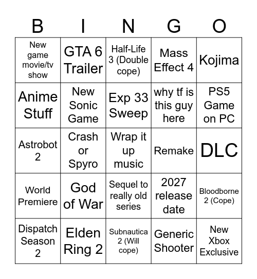 Game Awards Bingo Card