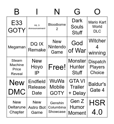 Game Awards Bingo Card