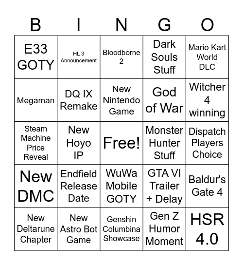 Game Awards Bingo Card