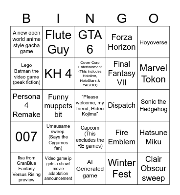 The Game Awards Bingo Card