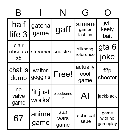 Game Awards Bingo Card