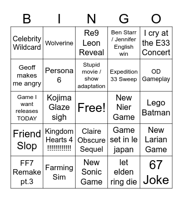 The Game Awards 2025 Bingo Card