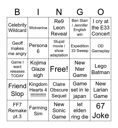 The Game Awards 2025 Bingo Card