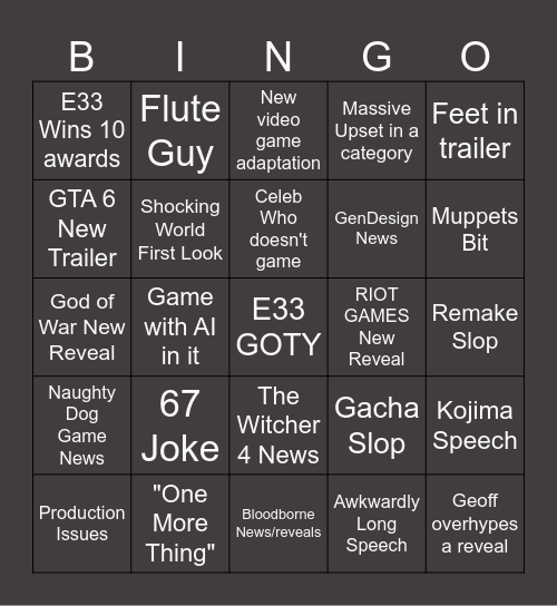 Game Awards Bingo Card