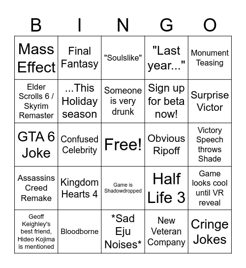 Limbo Game Awards 2025 Bingo Card