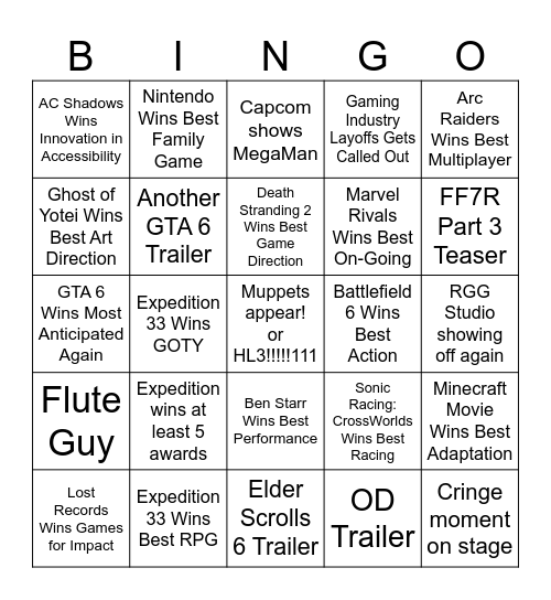 The Game Awards 2025 Bingo Card