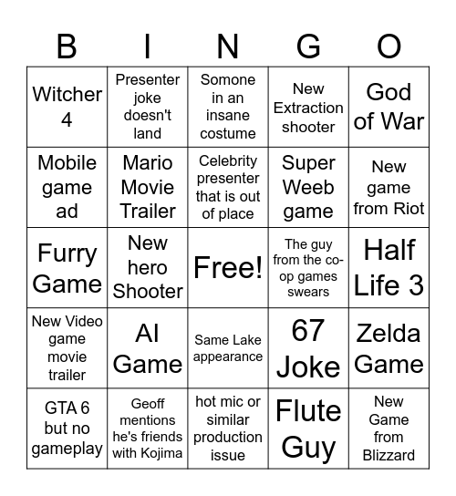 Game Awards Bingo Card
