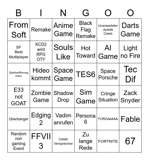 Game Awards 2025 Bingo Card