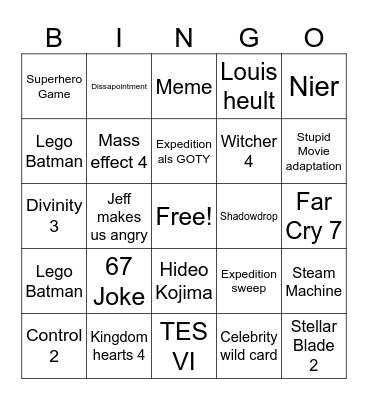 Game Awards Bingo Card