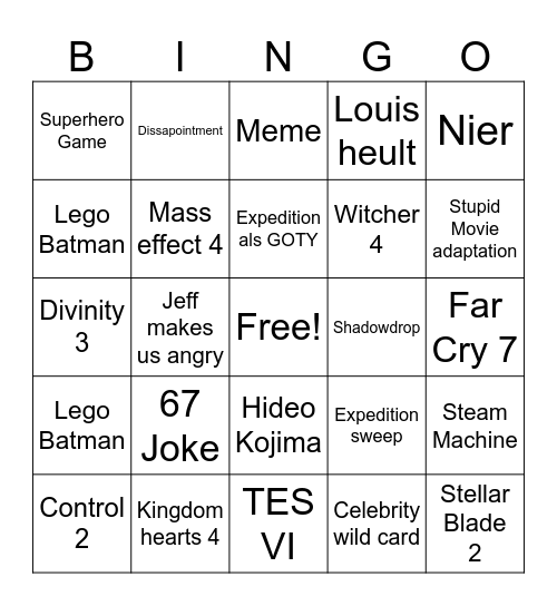 Game Awards Bingo Card