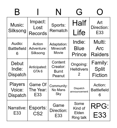 game_awards Bingo Card