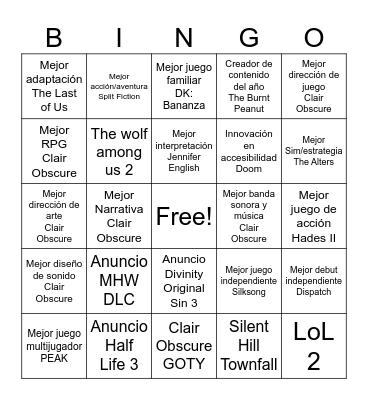 The Game Awards Toño Bingo Card