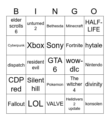 Gane awards Bingo Card