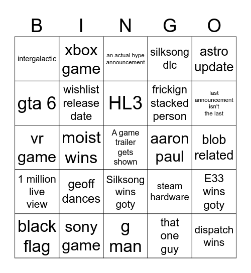 tga 2025 Bingo Card