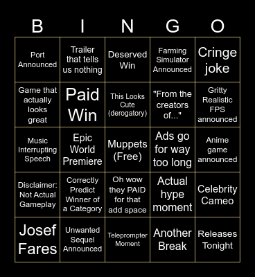 Game Awards 2025 Bingo Card