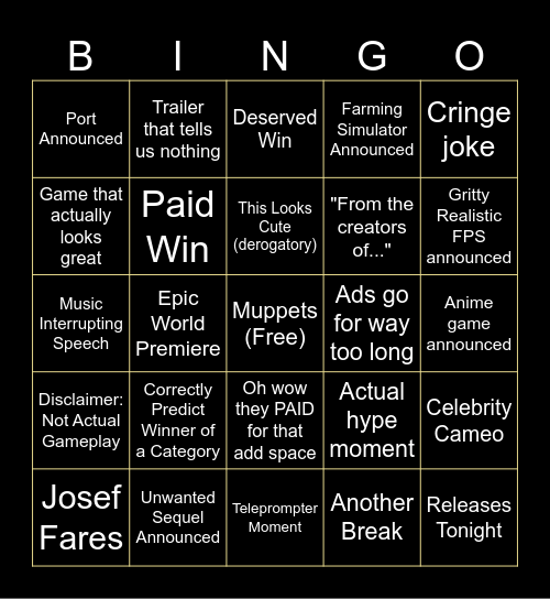 Game Awards 2025 Bingo Card