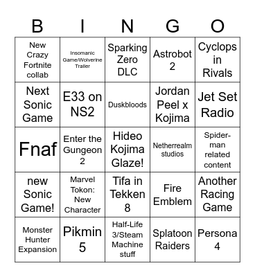 Game Awards Bingo Card