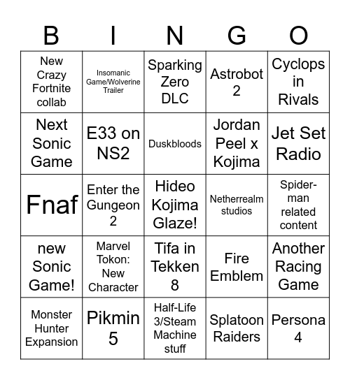 Game Awards Bingo Card