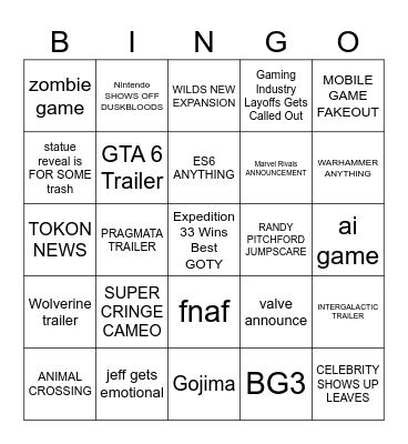 The Game Awards 2025 Bingo Card
