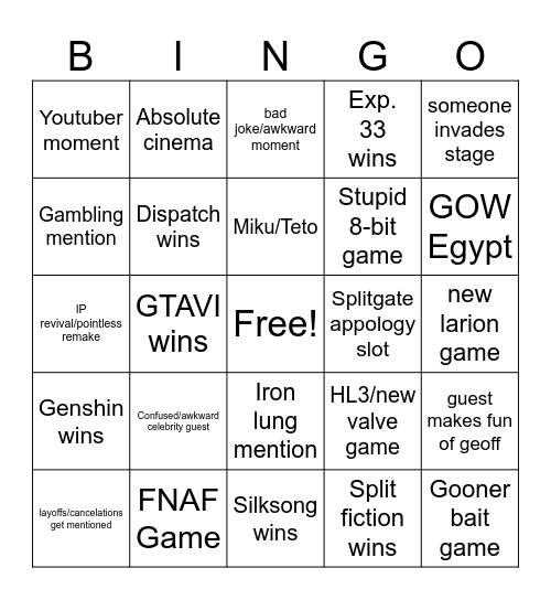 GOTY 2025 Bingo Card