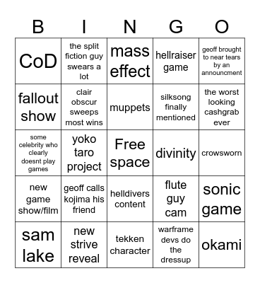 game awards 2025 Bingo Card