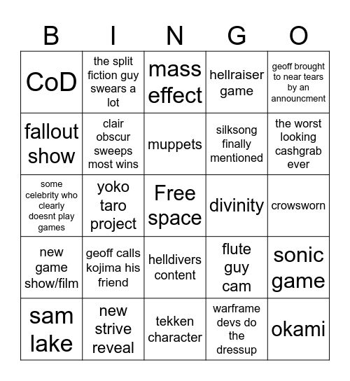 game awards 2025 Bingo Card