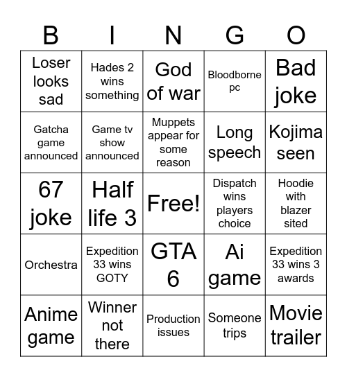 Gamer awards bingo Card