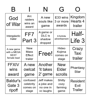 Game Awards 2025 Bingo Card
