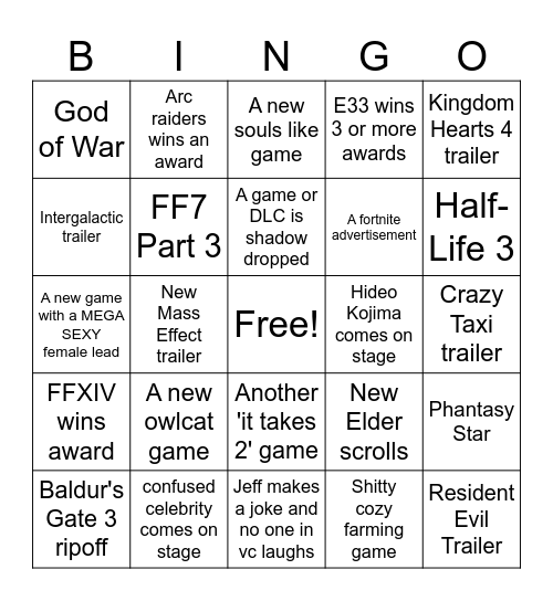 Game Awards 2025 Bingo Card