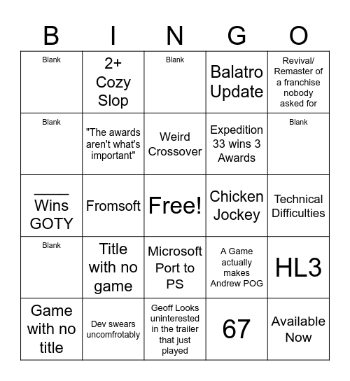 Game Awards 2025 Bingo Card
