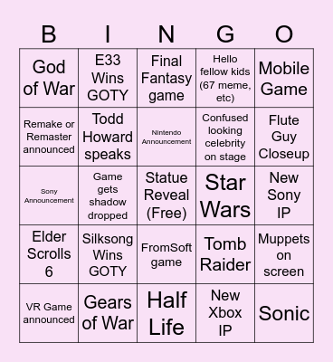 Game Awards Bingo Card