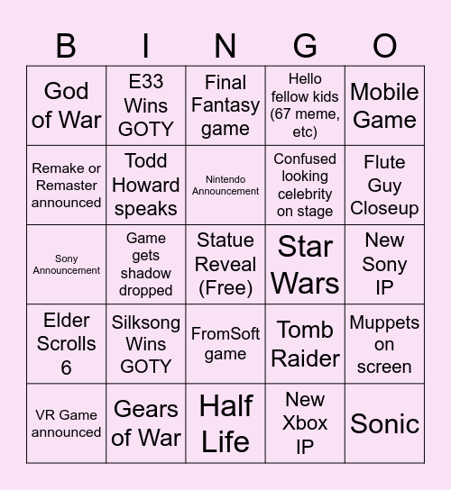 Game Awards Bingo Card