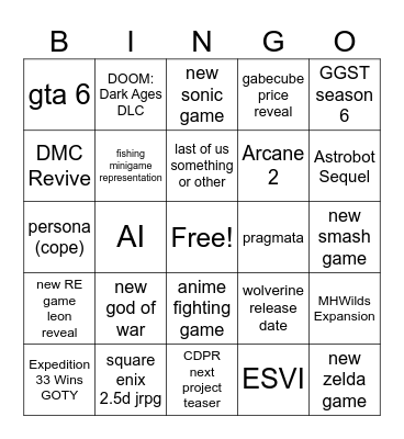 TGA BINGO Card