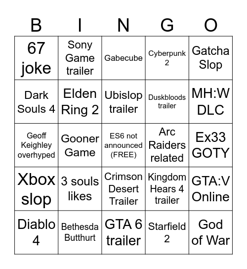 Game Awards Bingo Card