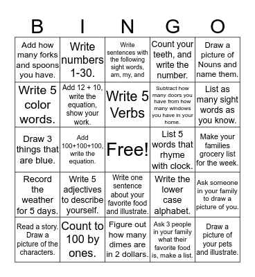 Winter Break Bingo Card