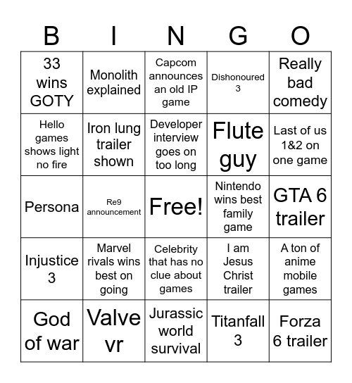 Game awards Bingo Card