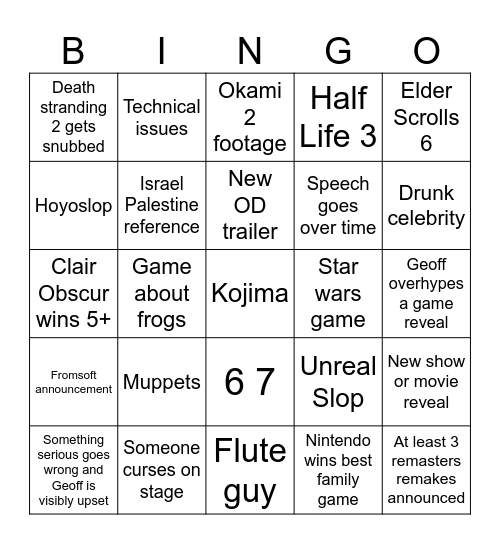 TGA Bingo Card