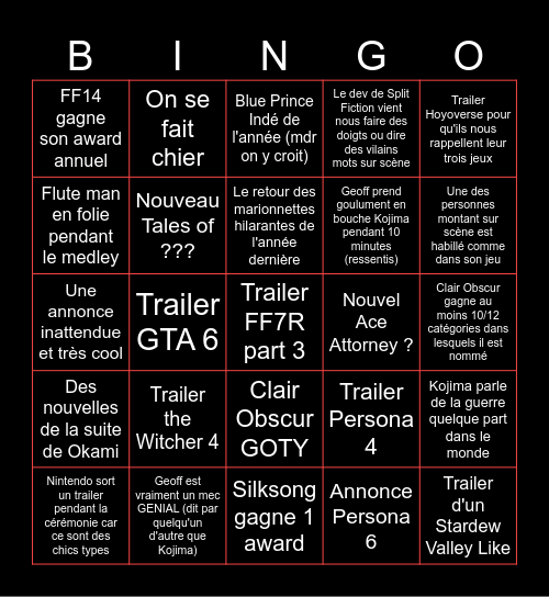 Game Awards 2025 Bingo Card