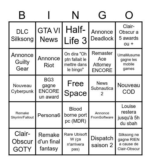 GOTY 2025 Bingo Card