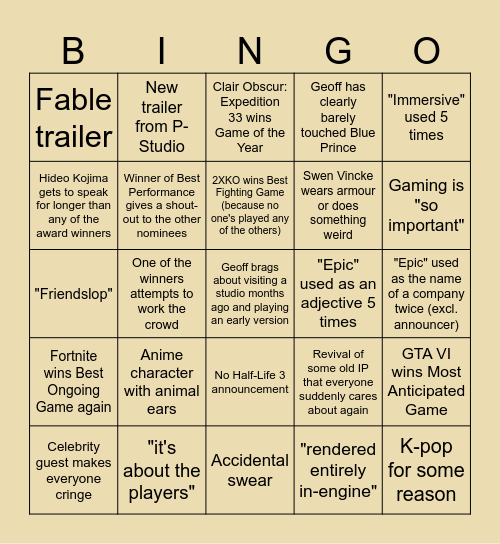 Game Awards 2025 Bingo Card