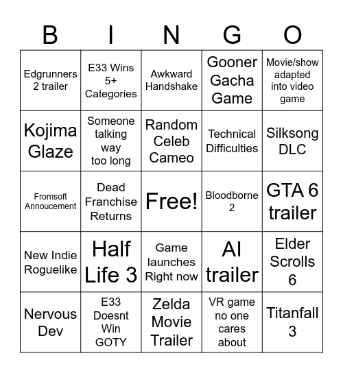 Game Awards Bingo Card