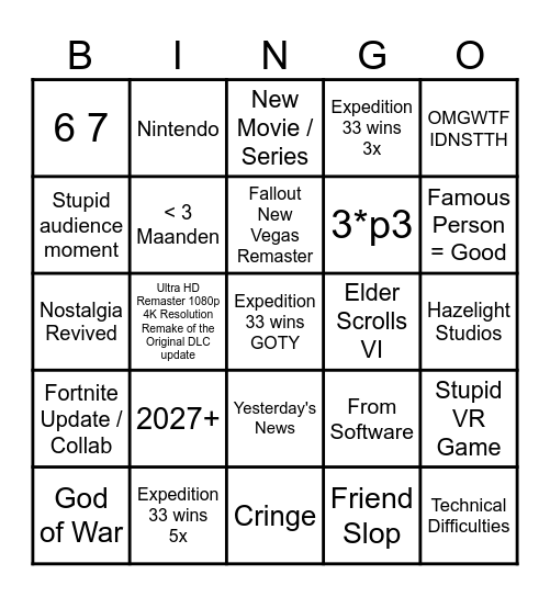 Game Awards B I N G O Bingo Card