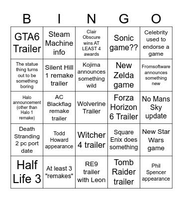 Game Awards Bingo Card