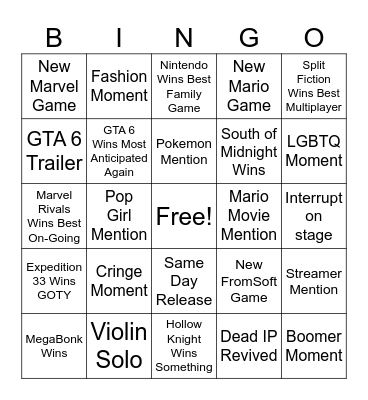 The Game Awards 2025 Bingo Card