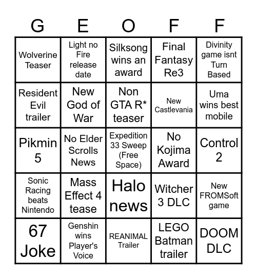 Game Awards Bingo Card